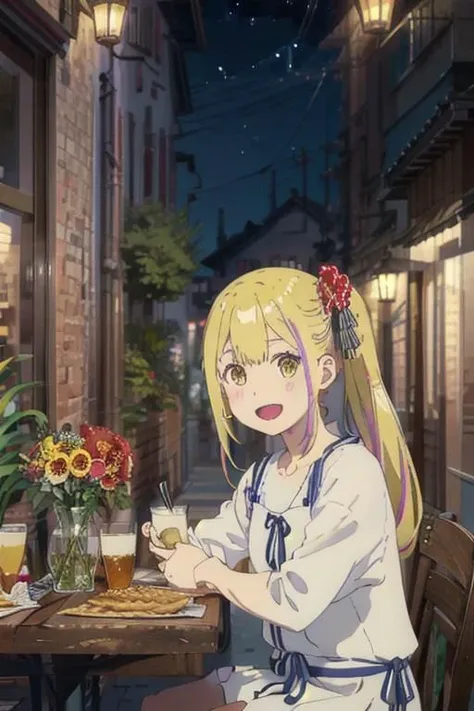 masterpiece, Dynamic light, illustration, (scenary:1.2), Dynamic light, sara da odin, pink-blonde hair, long hair, yellow eyes , ribbon on the shin, (looking at viewer, full body), :D , heavenly moonlight, sparkling stars around, sitting, Eating an apple pie, Restaurant, restaurant table, flower vase, upper body, Background window, details++,