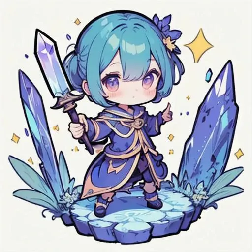 [[ChibiPF]], (chibi), ((3 heads high)), ((full body)), 1girl, solo, adventurer, fantasy world, adventure, (scenes of adventure in background), outdoor, lemmon-yellow and  iris-purple and laurel-green color used in character, ((holding a crystal sword)), (cute pose with item), emotional with body, better hand, arranged hair, (small head), (small face), best quality, ((super thick outline)), ((bold outline)), looking at viewer, detailed background