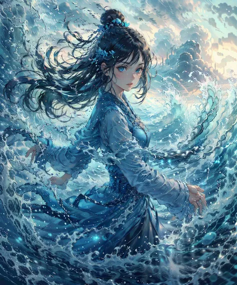 haifeisi,1girl,solo,water,long hair,hair ornament,black hair,blue eyes,chinese clothes,cloud,splashing,upper body,looking at viewer,sky,waves,cloudy sky,closed mouth,outdoors,
Best quality,masterpiece,ultra high res,<lora:20240122-1705924259525-0015:0.65>,<lora:GoodHands-beta2:1>,nsfw