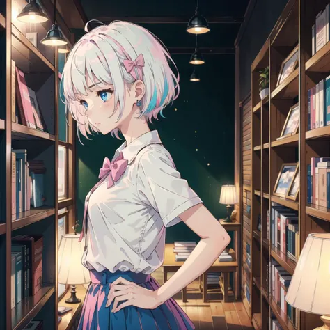 masterpiece, best quality, visual novel, soft natural lighting, from side, 1girl, shiny skin, upper body, deep blue eyes, (white hair:1.1), short hair, (pink tips:1.1), (small breasts:1.1), school uniform, (white blouse with ruffles:1.1), (pink bow:1.0), blue skirt with white bow, petite body, (small blue earrings:1.0), (hands on hips:1.0) BREAK
concentrated, focused expression, (pink ribbon:1.1) in hair, fair skin with a soft blush, serious and studious demeanor BREAK
library, bookshelves, warm lighting, quiet and calm atmosphere, (soft light:1.2), peaceful setting