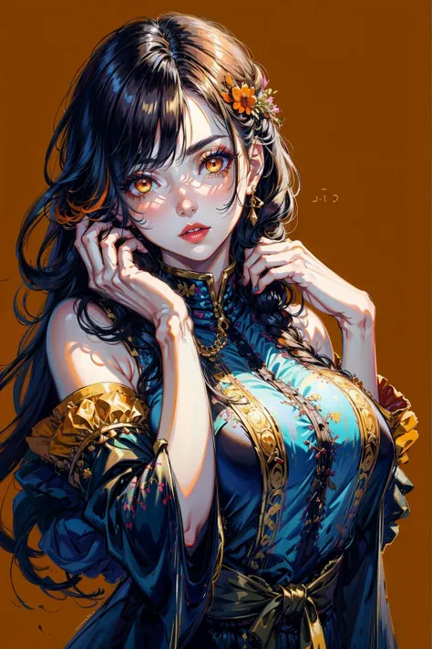 1girl, olive skin, looking at viewer, long_hair, orange_hair, loose royal clothing, detached_sleeves, fine_fabric_emphasis, orange_eyes, lips, makeup, simple_background , <lora:LowRA:0.6> <lora:more_details:0.5>