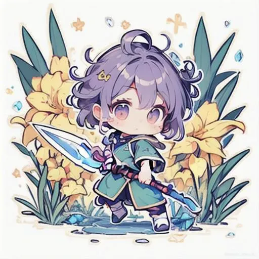 [[ChibiPF]], (chibi), ((3 heads high)), ((full body)), 1girl, solo, adventurer, fantasy world, adventure, (scenes of adventure in background), outdoor, lemon-yellow and  iris-purple and laurel-green color used in character, ((holding a crystal sword)), (cute pose with item), emotional with body, better hand, arranged hair, (small head), (small face), best quality, ((super thick outline)), ((bold outline)), looking at viewer, detailed background