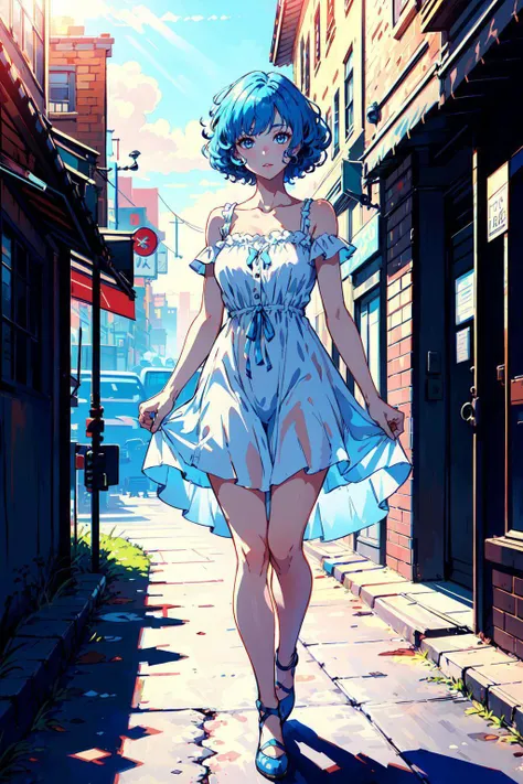 best quality, masterpiece, sharp focus, high resolution, ultra-detailed, 8k, 1girl, solo, wonderfully detailed full body illustration of beautiful woman wearing a white sundress, short curly hair, light blue hair, outside, daytime, sunlight