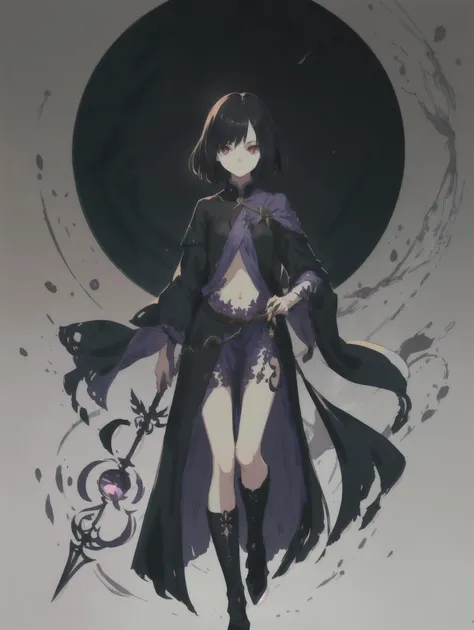 illustration of a dnd character, small cute girl, 19 with black medium length hair and red purple eye, is a caster with a single staff in her hand, shapes body form and sinze, full body, masterpiece, detailed