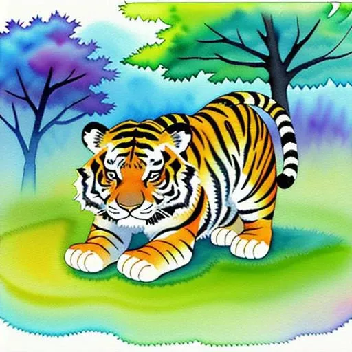 Watercolor. Stuffed toy tiger. Calvin and Hobbes style. SItting on the ground. Use a watercolor textured paper.