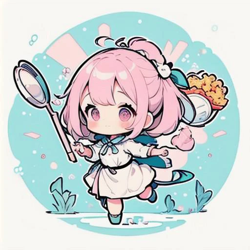 [[ChibiPF]], (chibi), ((3 heads high)), ((full body)), 1girl, solo, adventurer, fantasy world, adventure, (scenes of adventure in background), outdoor, celadon and snow-white and nail pink color used in character, ((holding a frying pan)), (cute pose with item), emotional with body, better hand, arranged hair, (small head), (small face), best quality, ((super thick outline)), ((bold outline)), looking at viewer, detailed background