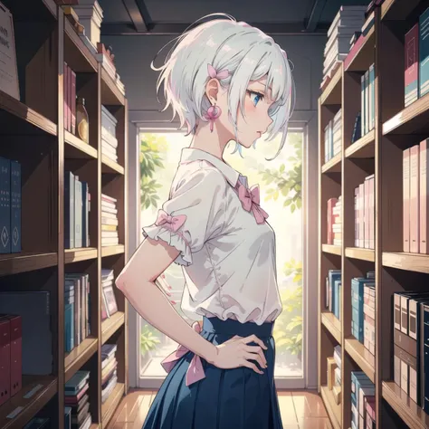 masterpiece, best quality, visual novel, soft natural lighting, from side, 1girl, shiny skin, upper body, deep blue eyes, (white hair:1.1), short hair, (pink tips:1.1), (small breasts:1.1), school uniform, (white blouse with ruffles:1.1), (pink bow:1.0), blue skirt with white bow, petite body, (small blue earrings:1.0), (hands on hips:1.0) BREAK
concentrated, focused expression, (pink ribbon:1.1) in hair, fair skin with a soft blush, serious and studious demeanor BREAK
library, bookshelves, warm lighting, quiet and calm atmosphere, (soft light:1.2), peaceful setting