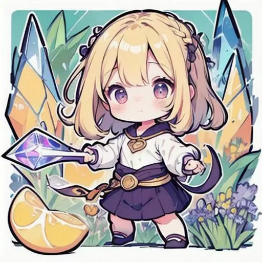 [[ChibiPF]], (chibi), ((3 heads high)), ((full body)), 1girl, solo, adventurer, fantasy world, adventure, (scenes of adventure in background), outdoor, lemon-yellow and  iris-purple and laurel-green color used in character, ((holding a crystal sword)), (cute pose with item), emotional with body, better hand, arranged hair, (small head), (small face), best quality, ((super thick outline)), ((bold outline)), looking at viewer, detailed background