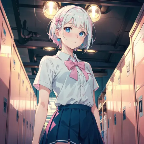 masterpiece, best quality, visual novel, soft natural lighting, from below, 1girl, shiny skin, upper body, deep blue eyes, (white hair:1.1), short hair, (pink tips:1.1), (small breasts:1.1), school uniform, (white blouse with ruffles:1.1), (pink bow:1.0), blue skirt with white bow, petite body, (small blue earrings:1.0) BREAK
shy, embarrassed expression, (pink ribbon:1.1) in hair, fair skin with a soft blush, nervous and timid demeanor BREAK
school hallway, ceiling lamps, lockers, bright lighting, bustling atmosphere, (soft light:1.2), students in background, lively setting
