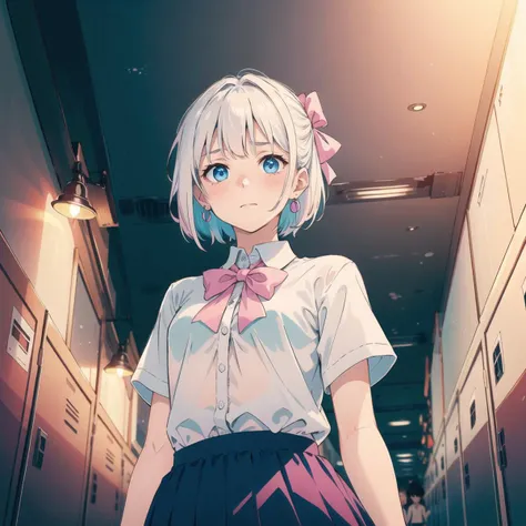 masterpiece, best quality, visual novel, soft natural lighting, from below, 1girl, shiny skin, upper body, deep blue eyes, (white hair:1.1), short hair, (pink tips:1.1), (small breasts:1.1), school uniform, (white blouse with ruffles:1.1), (pink bow:1.0), blue skirt with white bow, petite body, (small blue earrings:1.0) BREAK
shy, embarrassed expression, (pink ribbon:1.1) in hair, fair skin with a soft blush, nervous and timid demeanor BREAK
school hallway, ceiling lamps, lockers, bright lighting, bustling atmosphere, (soft light:1.2), students in background, lively setting