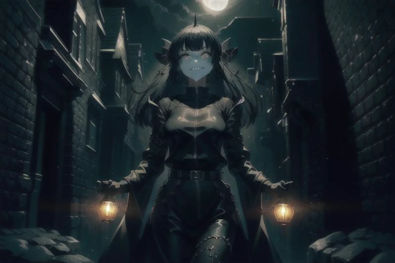 (masterpiece, best quality:1.2), <lora:ArtemisMH-10:0.9>, 1girl, solo, artemis, small breasts, cowboy shot, big eyes, zipper, black coat, chain, {{{black vest}}}, long black sleeves, belt, black gloves, sharp teeth, looking at viewer, smile, magic, fantasy,(light:1.3),dark theme,magic,moon,upper bod, medieval, town, black ages, stones, bricks