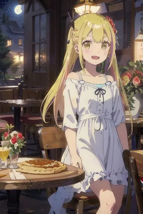 masterpiece, Dynamic light, illustration, (scenary:1.2), Dynamic light, sara da odin, pink-blonde hair, long hair, yellow eyes , ribbon on the shin, (looking at viewer, full body), :D , heavenly moonlight, sparkling stars around, sitting, Eating an apple pie, Restaurant, restaurant table, flower vase, upper body, Background window, details++,