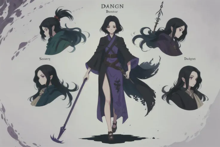illustration of a dnd character, small cute girl, 19 with black hair and red purple eye, is a caster with a staff in her hand, shape shifter, full body