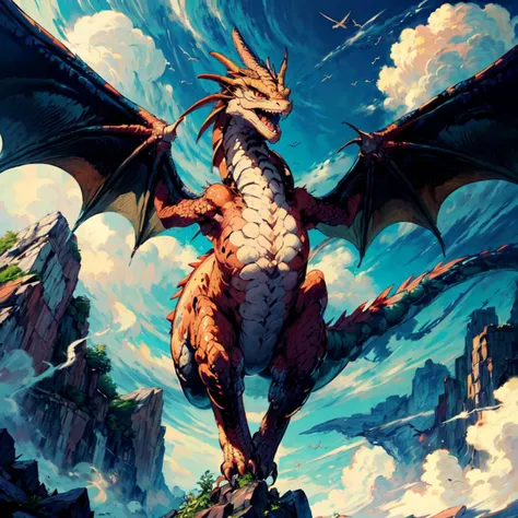 (best quality, masterpiece, detailed, high quality:1.2), (perfect view, full body:1.2), precise, finely detail, depth of field, shine, highres, original, perfect lighting, colorful, centered, realistic face, photorealism, (dragon, enormous, savage flying into the sky:1.5), red scales, sky, fantasy, clouds, <lora:add_detail:1.2>, <lora:epi_noiseoffset2:1.1>