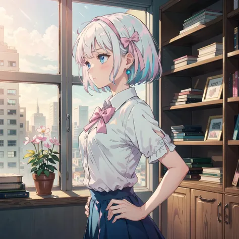 masterpiece, best quality, visual novel, soft natural lighting, from side, 1girl, shiny skin, upper body, deep blue eyes, (white hair:1.1), short hair, (pink tips:1.1), (small breasts:1.1), school uniform, (white blouse with ruffles:1.1), (pink bow:1.0), blue skirt with white bow, petite body, (small blue earrings:1.0), (hands on hips:1.0) BREAK
concentrated, focused expression, (pink ribbon:1.1) in hair, fair skin with a soft blush, serious and studious demeanor BREAK
library, bookshelves, warm lighting, quiet and calm atmosphere, (soft light:1.2), peaceful setting