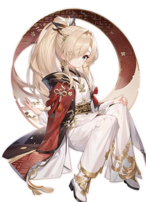 masterpiece, high quality,1boy,looking at viewer,jw3,ponytail,hair over one eye, hair hair over shoulder, blonde hair, moon ,chinese art,full body,hair stick, sitting, <lora:SD_JW3:1>
