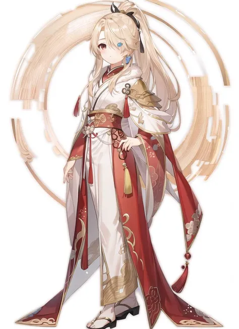 masterpiece, high quality,1boy,looking at viewer,jw3,ponytail,hair over one eye, hair hair over shoulder, blonde hair, moon ,chinese art,full body,hair stick,crossed legs, <lora:SD_JW3:1>