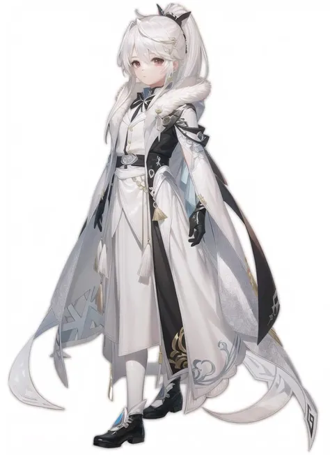 1 girl, solo, white hair, ponytail, long ponytail, gray eyes, white shirt, tight pants, white pantsmetal cuffs, black gloves, raincoat, high boots, metal greaves, medieval theme, looking at viewer, fantasy art, beautiful painting, guwaika style, epic exquisite character art, stunning characters, fearsome, Crows, snowing (reference sheet:1.5)