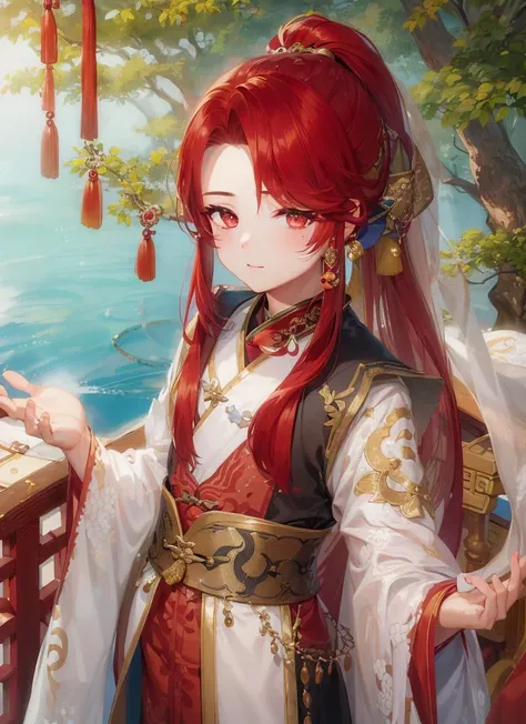 masterpiece, high quality,(1boy:1.5),looking at viewer,ponytail,long hair, hair over shoulder, (chinese art),hair stick, jw3<lora:mix16:1>