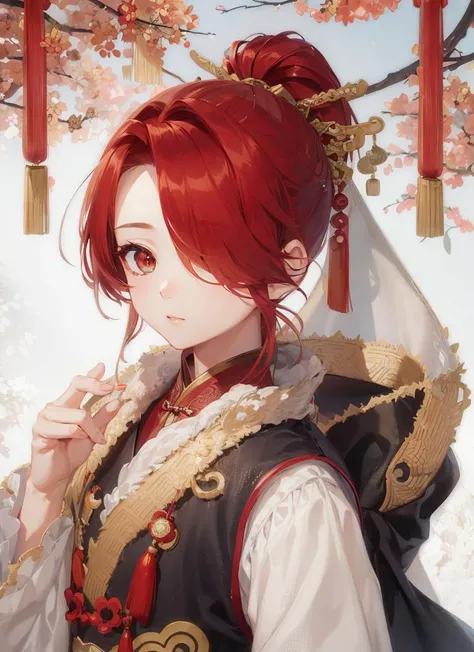 masterpiece, high quality,1boy,looking at viewer,jw3,ponytail,hair over one eye, hair hair over shoulder, (chinese art),hair stick, long dress <lora:mix16:1>