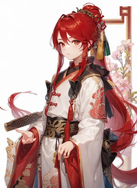 masterpiece, high quality,1boy,looking at viewer,ponytail,long hair, hair over shoulder, (chinese art),hair stick, long dress ,yifu1<lora:mix16:1>