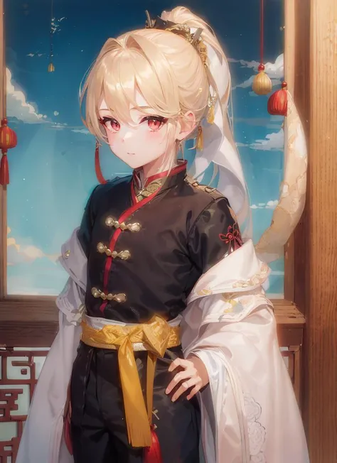 masterpiece, high quality,(1boy:1.5),looking at viewer,ponytail,long hair, hair over shoulder, (chinese art),hair stick, jw3<lora:mix16:1>