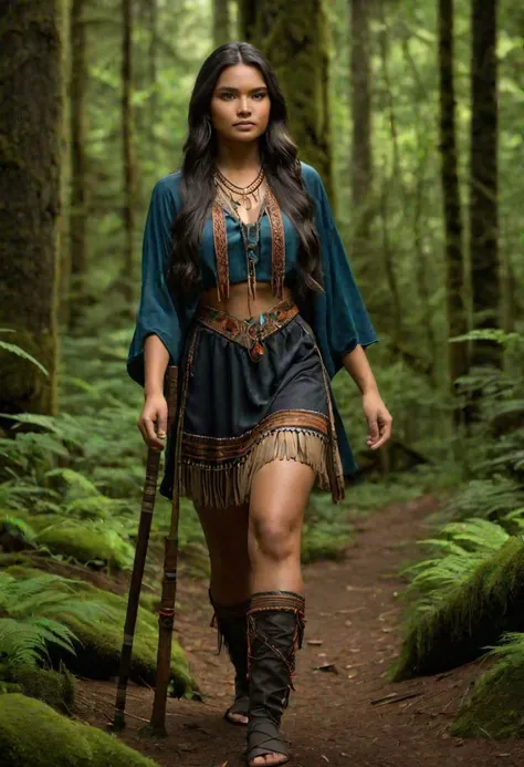 full body shot photo realistic, beautiful salish woman, 20 years old, silky hair, high prominent cheekbones, walking in the forest, walking stick, Fixhand