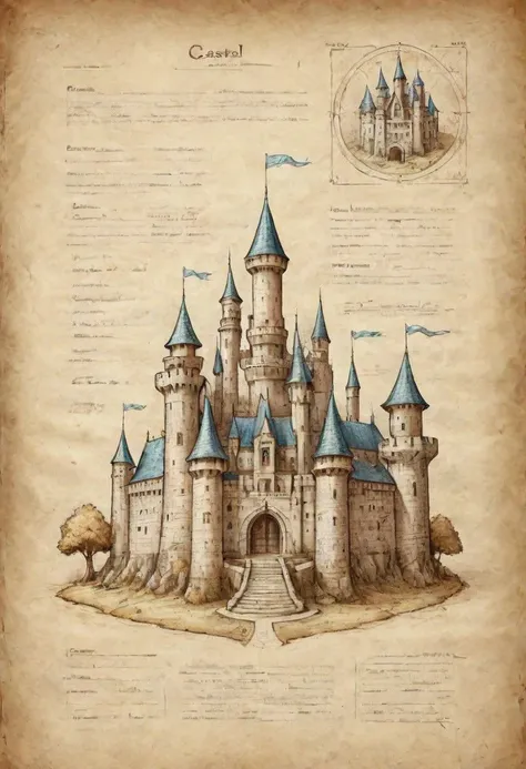 on parchment Hand drawn illustration of a castle with detailed schematics of rooms and layout, detailed drawings cross section concept sheet sketch