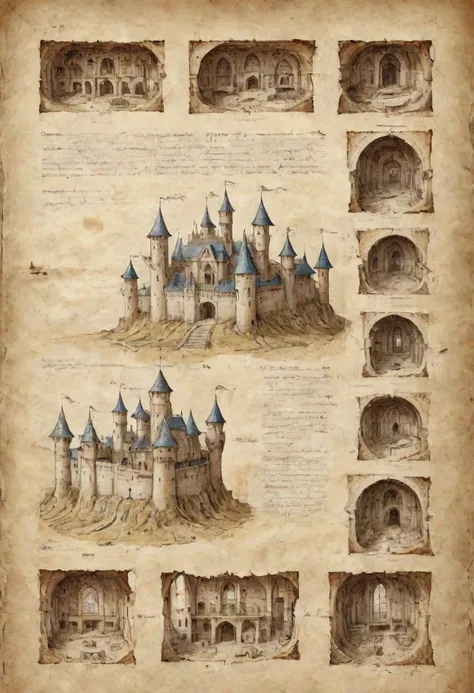 on parchment, pages torn from an ancient notebook, cross-section diagram of an abandoned castle showing rooms and occupants