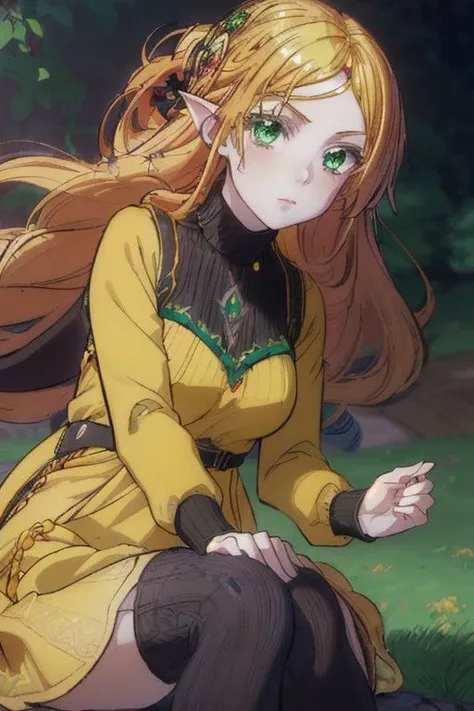 (masterpiece:1.2, best quality), (ultra-detailed), (illustration), (ultra highres), , (hyper detailed), ,tsundere elf is an amazing girl, long hair, blonde hair, (green eyes:1.3), pointy ears, elf, multicolored hair, forehead jewel,dress, (yellow dress:1.5), long sleeves, turtleneck bodysuit, pantyhose, sweater, (black sweater:1.5),