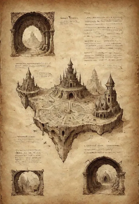 on parchment, ink illustration, pages of ancient dungeon book with illustrations and maps