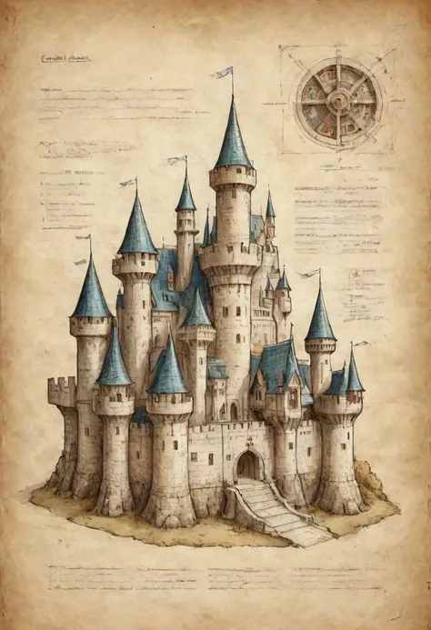 on parchment Hand drawn illustration of a castle with detailed schematics of rooms and layout, detailed drawings cross section concept sheet sketch