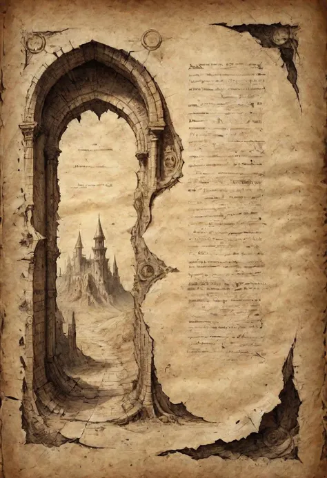 on parchment, pages from an ancient journal, torn edges, illustrations of a dark abandoned dungeon, rooms and corridors, archways and doors