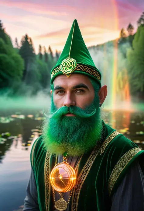 (Highest Quality, 4k, masterpiece:1.1), A medium 50 mm glamour portrait of clover beer (Photograph of Celtic irish male gnome with green and orange hair  In Clover Earrings A forest full of Irish St. Patricks,wearing irish dress, hat from gnome  gnomes, gold and money gnomes Dirty Dancing Scene) (lake cristal plumbs) ( HDR 8K NEON VIBE) (Pink mist cotton candy)smooth, sharp focus, high resolution, award winning photo, 80mm, f2.8, bokeh high quality, professional photo, 28mm, (intricate detail), ((incredibly detailed skin:0.38)), Surreal Harmony, cinematic, lighting, 8K, HDR10, analoggolden hour light falling on trees, morning, mist on the river, golden hour sunset, natural photography, nat geo magazine cover. vintage shot. sunrays reflecting off lake, foggy landscape, depth of field. (perfect anatomy), (aurora borealis), (close up:1.3), high quality photography, 3 point lighting, flash with softbox, 4k, Canon EOS R3, hdr, smooth, sharp focus, high resolution, award winning photo, 80mm, f2.8, bokeh