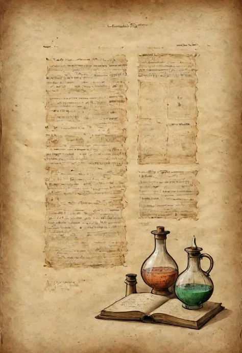 on parchment, pages from an ancient book on potions, illustrated