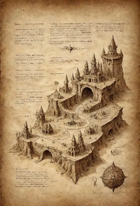 on parchment, ink illustration, pages of ancient dungeon book with illustrations and maps