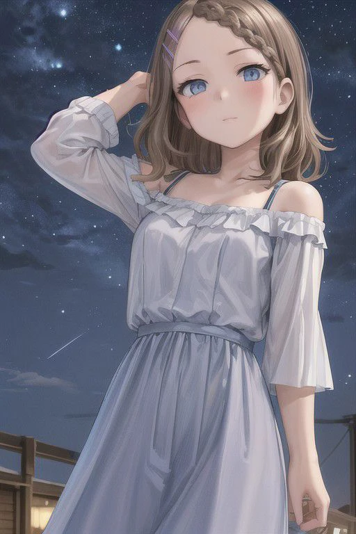 (masterpiece:1.2, best quality), (ultra-detailed), (illustration), (ultra highres), , (hyper detailed),Houjou_Takagi, 21 yo, blue slant eyes, brown hair, shoulder length hair, braid, hairclip, braid bangs, wavy bob, outdoor
, bright night sky , long skirt, off-shoulder dress