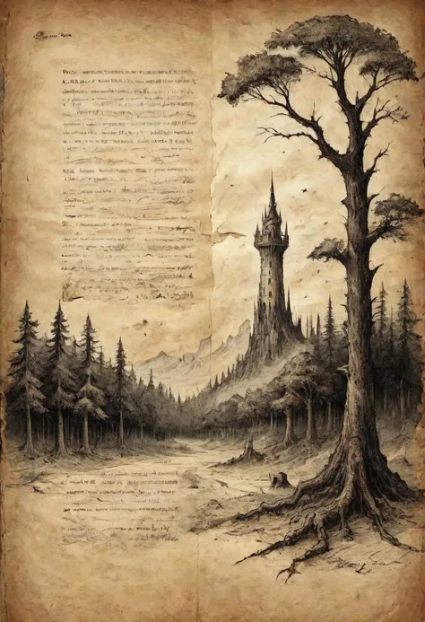 on parchment, pages from an ancient journal, torn edges, illustrations of a dark tower in a foreboding forest