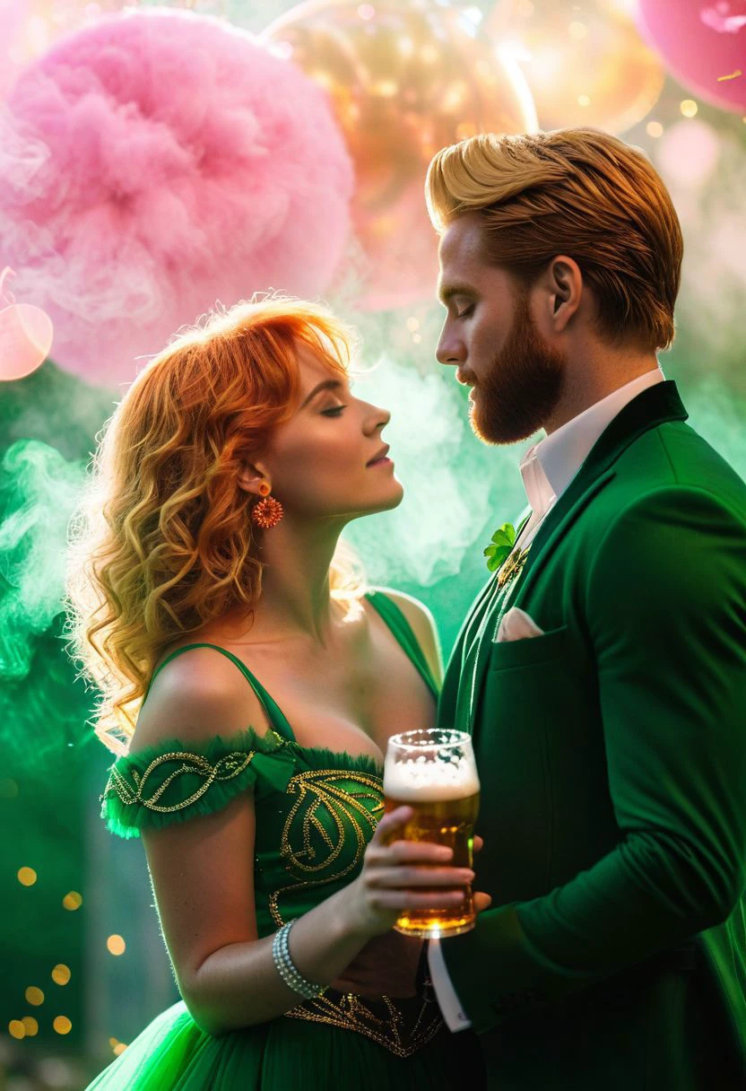(Highest Quality, 4k, masterpiece:1.1), A medium 100 mm glamour photo celtic style (Highest Quality, 4k, masterpiece:1.1), A medium 50 mm glamour photo celtic style of splash of green clovers Exploding pot of golden beer sant apatrick day celebrating (Photograph of couple red hair Blonde and orange hair balltic women with green and orange hair In Clover Earrings He holds beer and gold in his hands A forest full of Irish St. Patricks,wearing irish drlep rechauny gnomes of (Photograph of Blonde and orange hair balltic women with green and orange hair In Clover Earrings He holds beer and gold in his hands A forest full of Irish St. Patricks,wearing irish drlep rechauny gnomes, holding small irish Dirty Dancing Scene) (lake cristal plumbs) ( HDR 8K NEON VIBE) (Pink mist cotton candy)smooth, sharp focus, high resolution, award winning photo, 80mm, f2.8, bokeh high quality, professional photo, 28mm, (intricate detail), ((incredibly detailed skin:0.38)), Surreal Harmony, cinematic, lighting, 8K, HDR10, analoggolden hour light falling on trees, morning, mist on the river, golden hour sunset, natural photography, nat geo magazine cover. vintage shot. sunrays reflecting off lake, foggy landscape, depth of field. (perfect anatomy), (aurora borealis), (close up:1.3), high quality photography, 3 point lighting, flash with softbox, 4k, Canon EOS R3, hdr, smooth, sharp focus, high resolution, award winning photo, 80mm, f2.8, bokeh