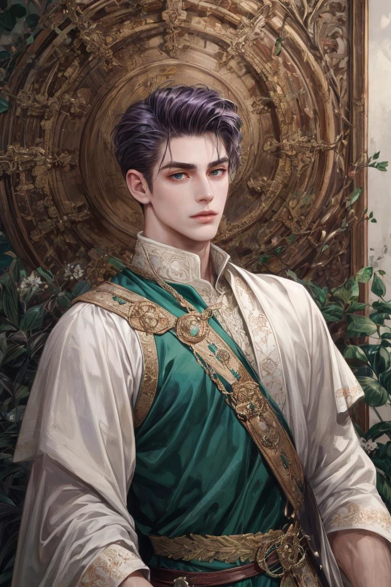 (Absurdres, Absurd Amount of Details, Intricate Details, Masterpiece, Best Quality, High Resolution, 8k), (1man), (male:1.2), mature, chiseled facial features, finely detailed eyes and face, lean body, sense of adventure and curiosity, porcelain skin, dark purple short side swept quiff hair, emerald green eyes, exhaustive details, (full body:0.6), viking outfit, finely detailed background, Depth of Field, VFX