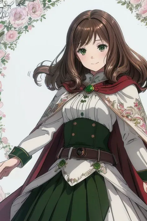 (masterpiece:1.2, best quality), (ultra-detailed), (illustration), (ultra highres), (delicate illustration), (hyper detailed), Ehre ,  beautiful girl , 20yo, brown hair, wave bob hair style, shoulder length hair,  light brown eyes, dark red cape , white coat,  belt, ((green long skirt)) , green long pleated skirt, Fixhand, smiling , look at viewer,