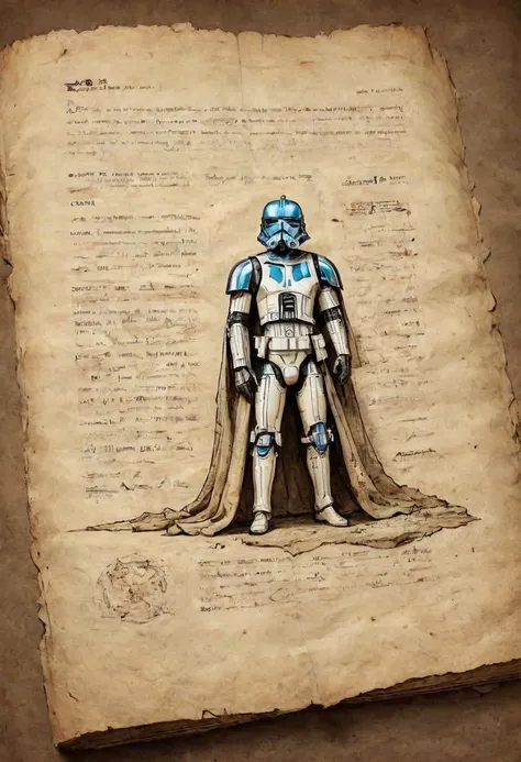 on parchment, pages torn from an ancient book, illustrations of a star wars character