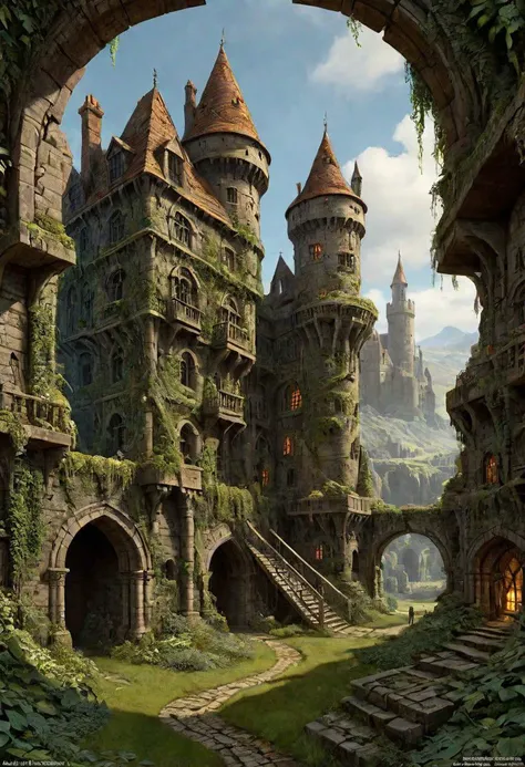 The citylike endless labyrinthine sprawling ruined but inhabited overgrown massive rambling pile of turrets walls keeps gatehouses courtyards and armories that is Castle Ghormenghast, hyper detailed, ray tracing, beautifully lit, cry engine, art station hq, cg society, by Edwin Deakin, by James Gurney and Thomas Kinkade, maasterpiece, octane render, hypermaximalist, incredible, melancholy, epic, best quality, sweeping