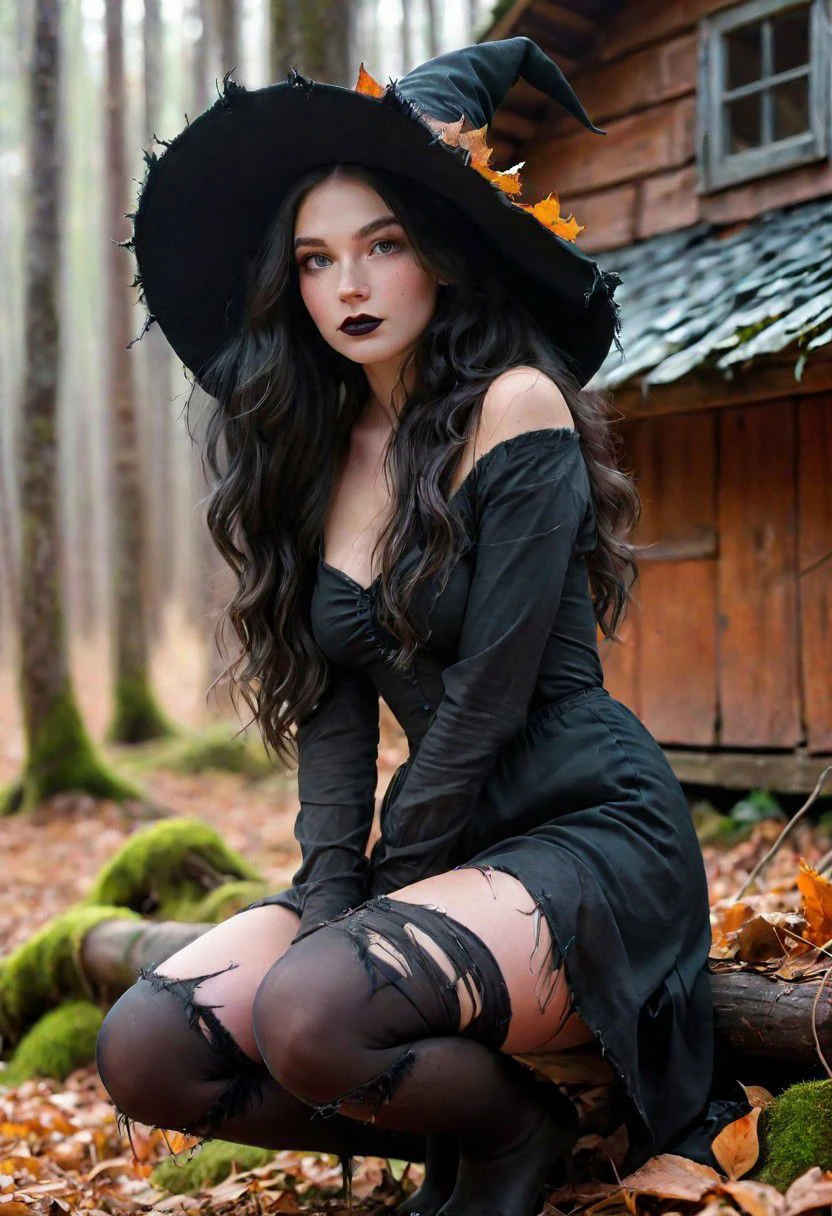masterpiece, best quality, (colorful), cinematic lighting, realistic, extremely detailed, detailed face, freckles, (moles:0.8), view from the side, profile, a highly detailed profile photography of an evil witch girl, from the side, ((wearing long black rags of coarse fabric), rags torn and frayed), sitting against the wooden wall of a derelict hut covered with moss in a winter forest, arms holding her legs, face resting on her knees, looking at viewer from under her frayed witch hat, evil smile, at dusk, side view, no bra, long jet black hair, wavy hair, hair full of dirt and leaves and twigs, dirty hair, dirty face, pale skin, detailed skin, dirty skin with blemishes, black mascara, black lipstick, EyeDetail, perfect detailed eyes, very long eyelashes, black eyeliner, kawaii makeup , subsurface scattering, pokies, remarkable color, ultra realistic, textured skin, remarkable detailed pupils, realistic dull skin noise, visible skin detail, skin fuzz, dry skin, bokeh, sharp focus on subject, advntr, eyeliner5, extremely detailed