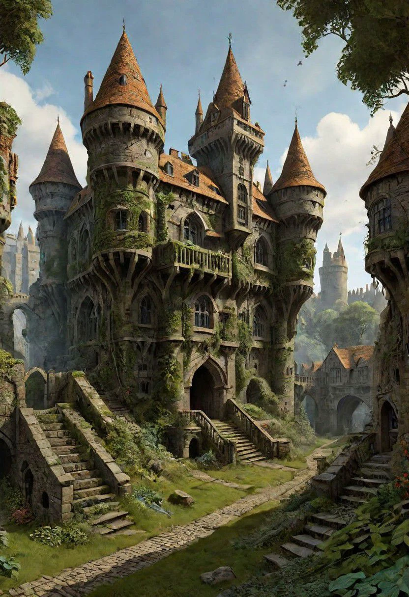 The citylike endless labyrinthine sprawling ruined but inhabited overgrown massive rambling pile of turrets walls keeps gatehouses courtyards and armories that is Castle Ghormenghast, hyper detailed, ray tracing, beautifully lit, cry engine, art station hq, cg society, by Edwin Deakin, by James Gurney and Thomas Kinkade, maasterpiece, octane render, hypermaximalist, incredible, melancholy, epic, best quality, sweeping