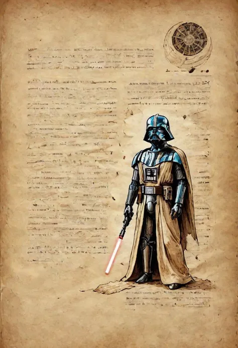 on parchment, pages torn from an ancient book, illustrations of a star wars character