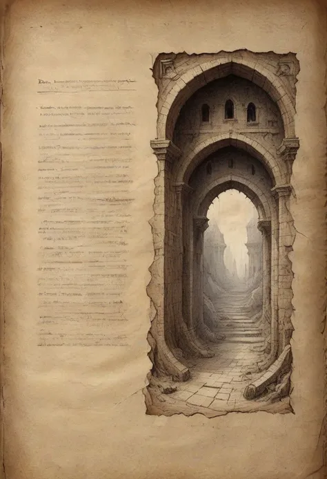 on parchment, pages from an ancient journal, torn edges, illustrations of a dark abandoned dungeon, rooms and corridors, archways and doors