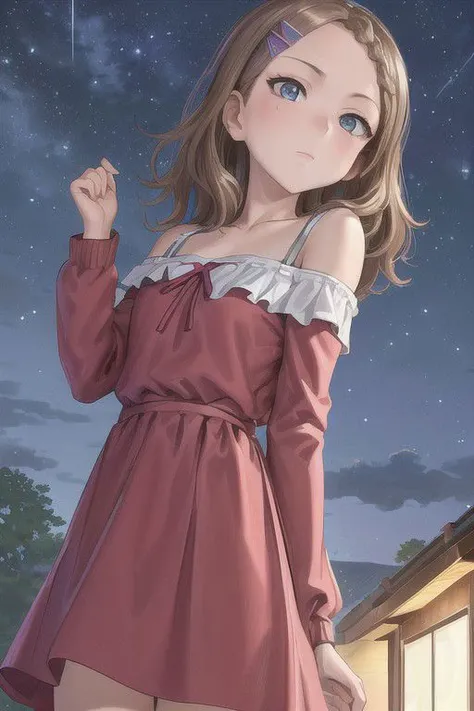 (masterpiece:1.2, best quality), (ultra-detailed), (illustration), (ultra highres), , (hyper detailed),Houjou_Takagi, 21 yo, blue slant eyes, brown hair, shoulder length hair, braid, hairclip, braid bangs, wavy bob, outdoor
, bright night sky , long skirt, off-shoulder dress