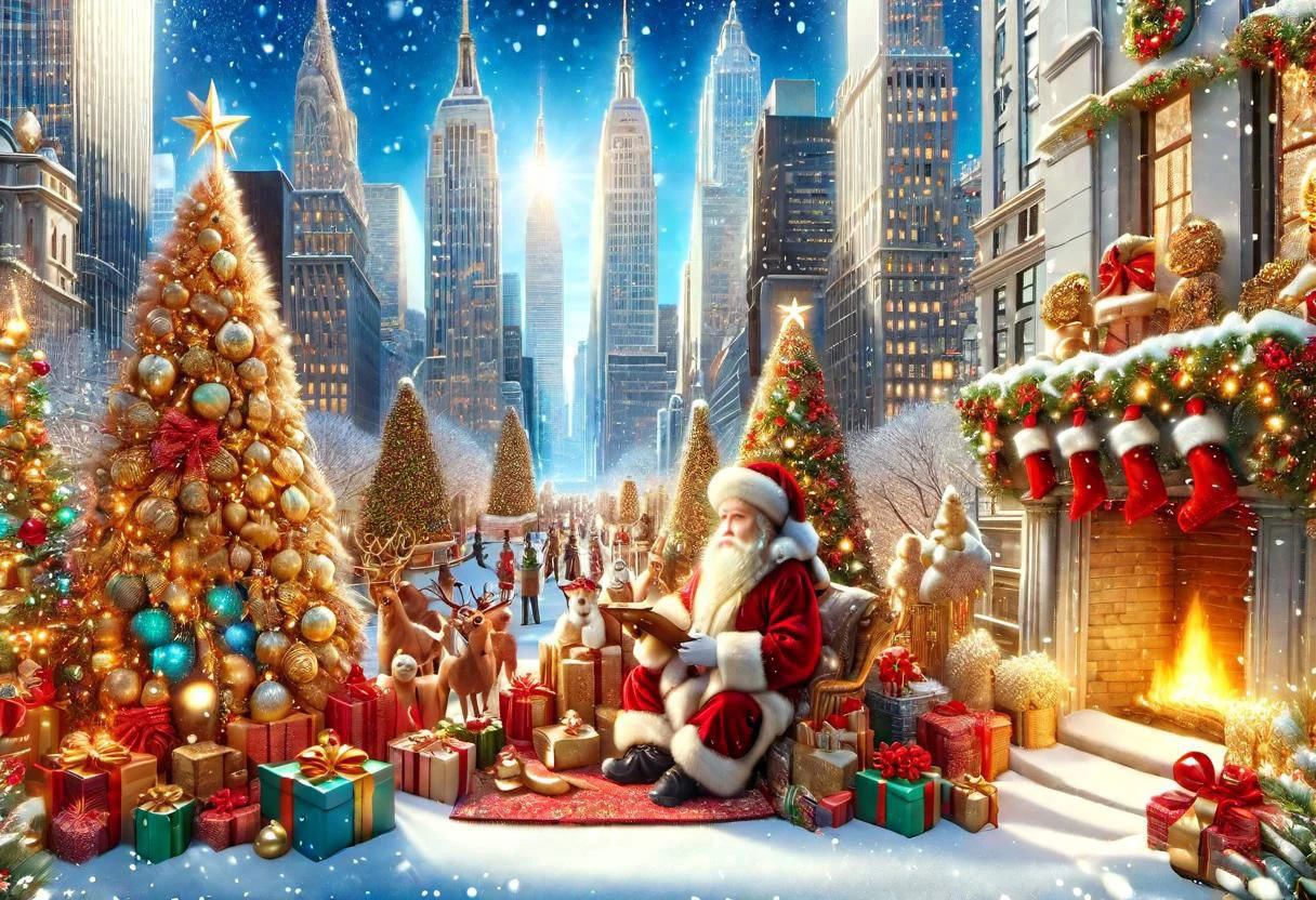 one Wise Men giving Christmas present to someone in need of joy, masterpiece, ChristmasDecorativeStyle, zoomed out:-.15, new york city background, giving pose, (full body portrait), hyper exquisite, extreme insanely realistic detailed and intricate, extreme quality, extreme best picture, extreme realistic detail, extreme photo realism, 1080P, HD, VFX, SFX, FKAA, TXAA, RTX, SSAO,