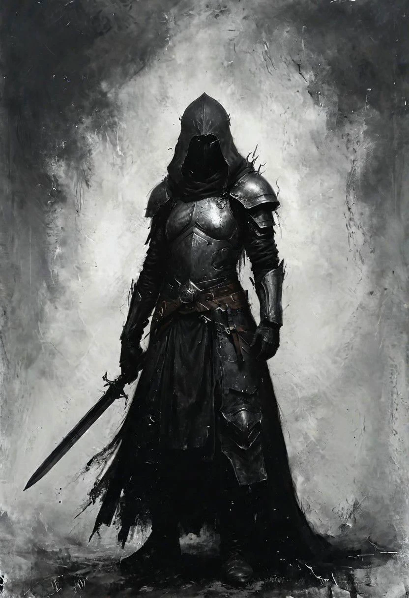 concept art of abyss knight, (((Abyssal Watcher)))
wearing (ragged, brigand, gripping a XXL giant metal shaped sword enveloped in (black darkness, fog flame) , leather tunic, metal plates and cloth, round shaped helmet, armor sewn together), gothic, legionaire, by Jean-Baptiste Monge , Nazgul from lord of the rings, coif leather, holding a parchment script scroll, darkness and smoke behind